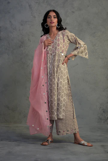 Block Print Bell Sleeve Mirror Kurta Set by Charkhee with Chanderi, Cotton, Embellished, Ethnic Wear, For Mother, Indian Wear, Kurta Palazzo Sets, Mirror Work, Natural, Relaxed Fit, Tyohaar by Charkhee, White, Womenswear at Kamakhyaa for sustainable fashion