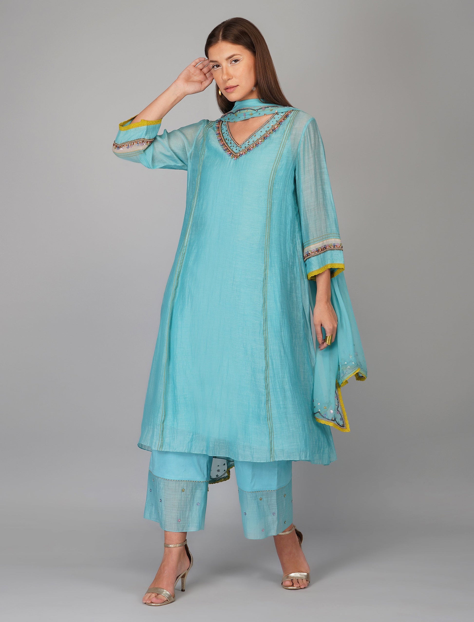 Blue Chanderi Sequins Embellished Kurta Pant Set by Devyani Mehrotra with Blue, Chanderi Silk, Cotton, Embroidered, Evening Wear, Georgette, Kurta Pant Sets, Kurta Set with Dupattas, Natural, Pre Spring 2023, Regular Fit, Solids, Womenswear at Kamakhyaa for sustainable fashion