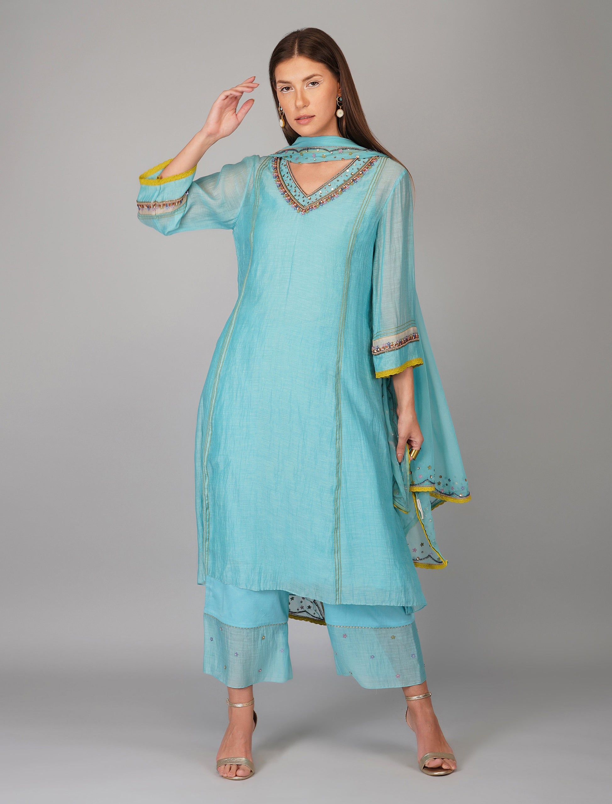 Blue Chanderi Sequins Embellished Kurta Pant Set by Devyani Mehrotra with Blue, Chanderi Silk, Cotton, Embroidered, Evening Wear, Georgette, Kurta Pant Sets, Kurta Set with Dupattas, Natural, Pre Spring 2023, Regular Fit, Solids, Womenswear at Kamakhyaa for sustainable fashion