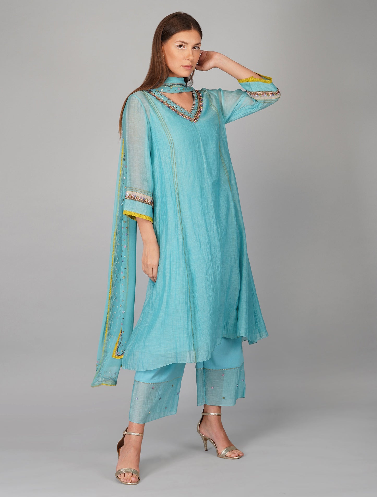 Blue Chanderi Sequins Embellished Kurta Pant Set by Devyani Mehrotra with Blue, Chanderi Silk, Cotton, Embroidered, Evening Wear, Georgette, Kurta Pant Sets, Kurta Set with Dupattas, Natural, Pre Spring 2023, Regular Fit, Solids, Womenswear at Kamakhyaa for sustainable fashion