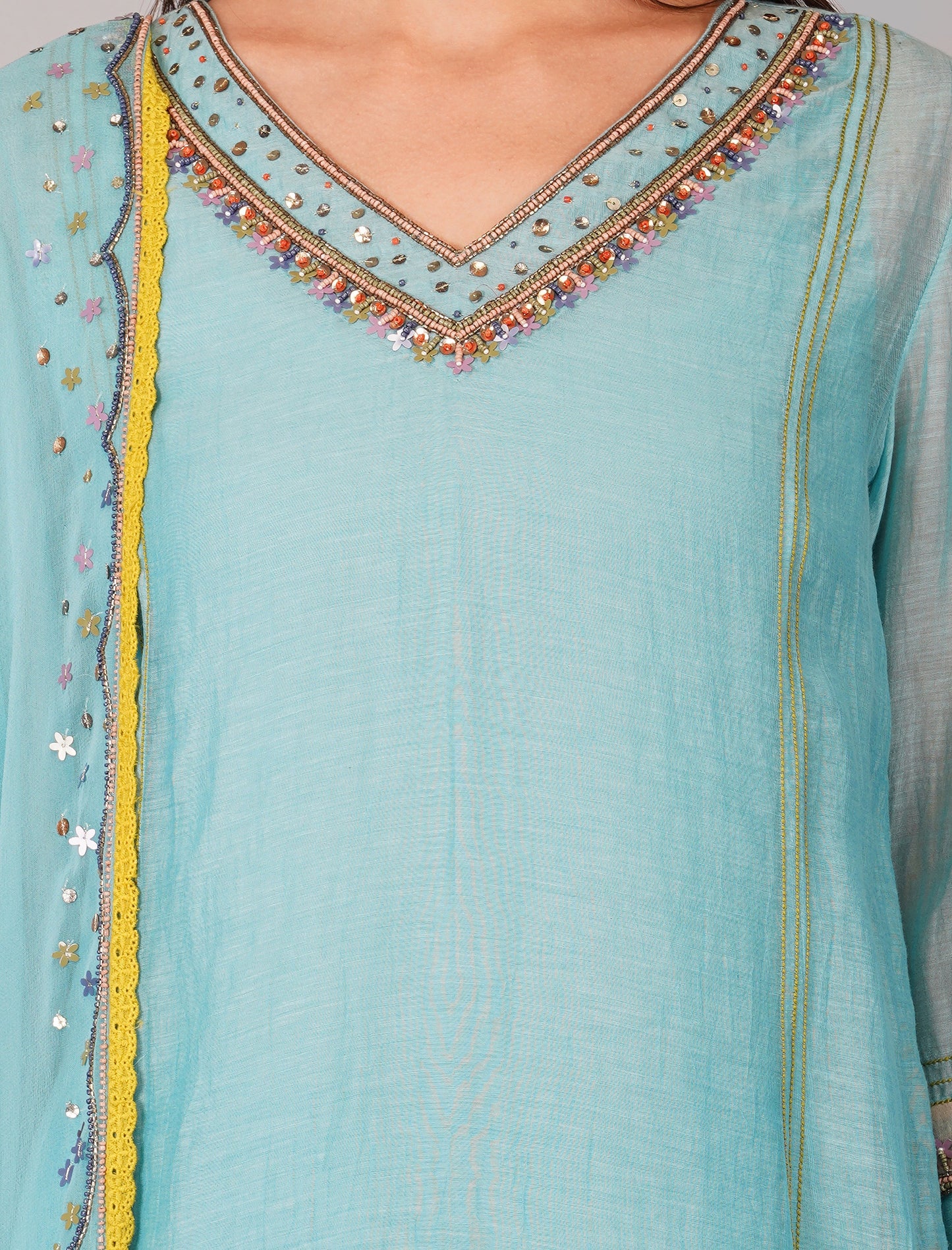 Blue Chanderi Sequins Embellished Kurta Pant Set by Devyani Mehrotra with Blue, Chanderi Silk, Cotton, Embroidered, Evening Wear, Georgette, Kurta Pant Sets, Kurta Set with Dupattas, Natural, Pre Spring 2023, Regular Fit, Solids, Womenswear at Kamakhyaa for sustainable fashion