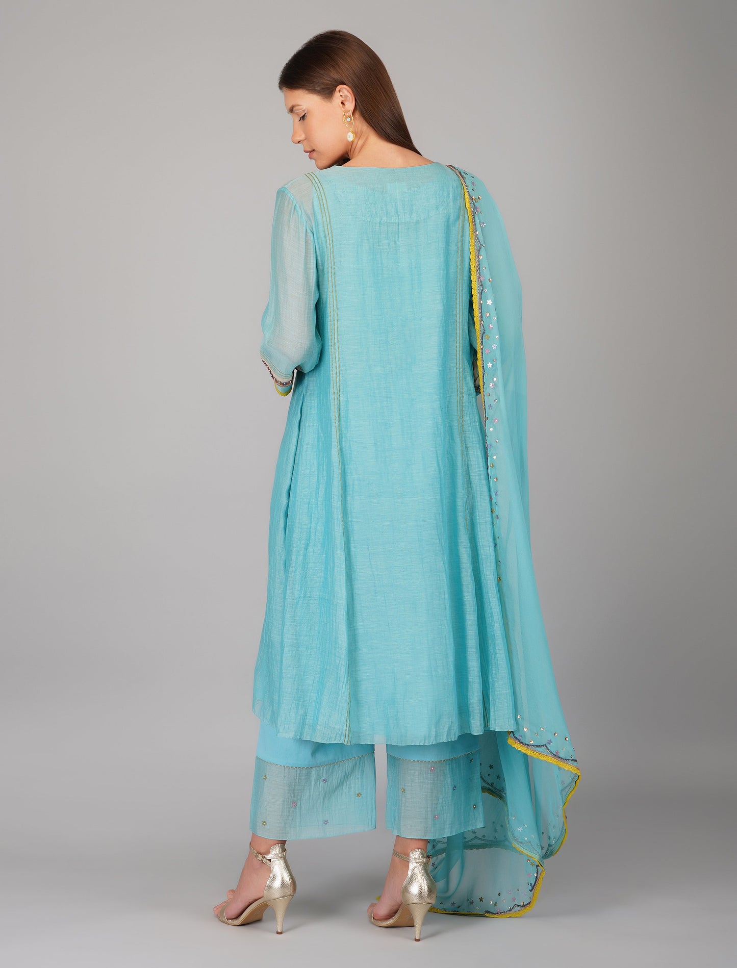 Blue Chanderi Sequins Embellished Kurta Pant Set by Devyani Mehrotra with Blue, Chanderi Silk, Cotton, Embroidered, Evening Wear, Georgette, Kurta Pant Sets, Kurta Set with Dupattas, Natural, Pre Spring 2023, Regular Fit, Solids, Womenswear at Kamakhyaa for sustainable fashion