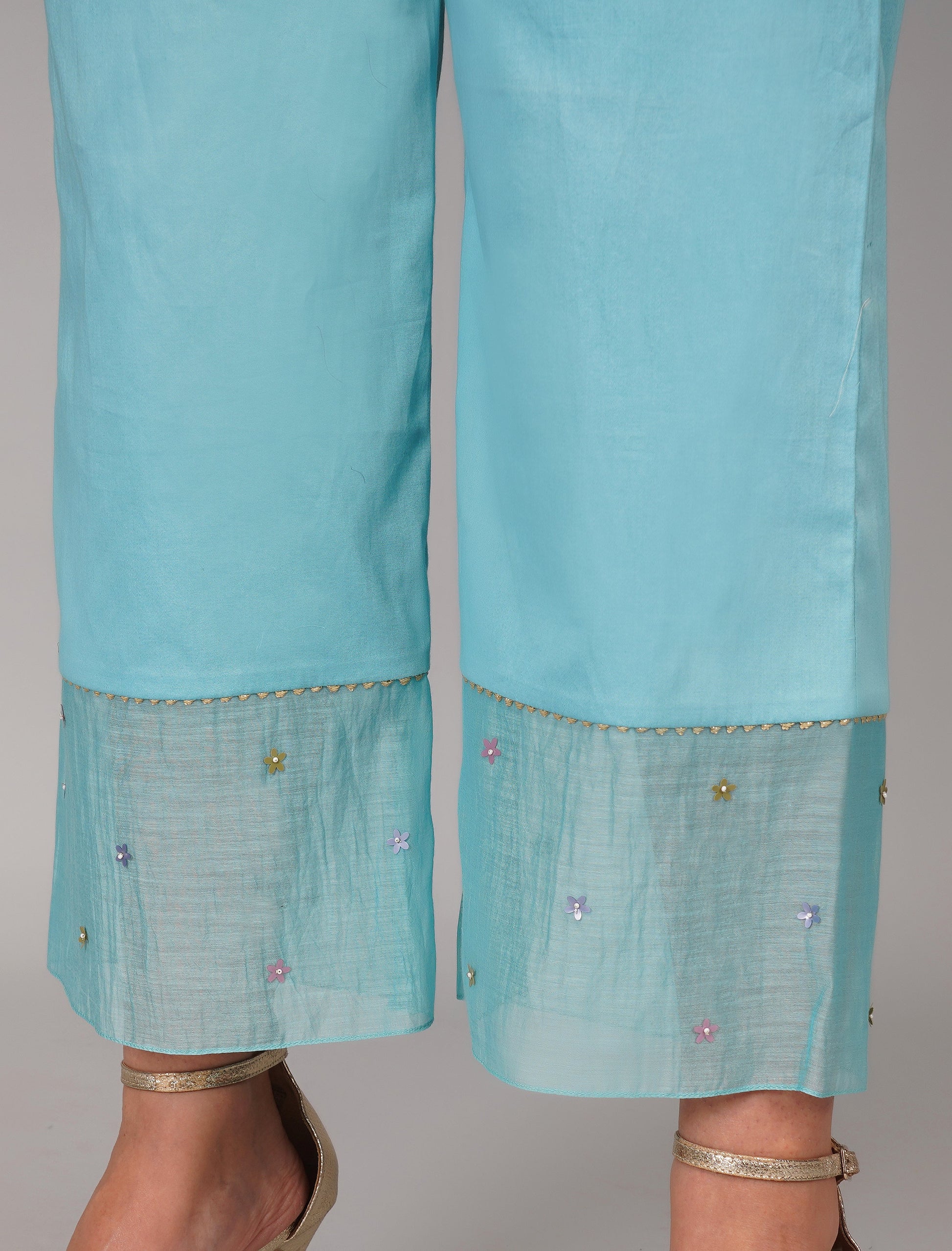 Blue Chanderi Sequins Embellished Kurta Pant Set by Devyani Mehrotra with Blue, Chanderi Silk, Cotton, Embroidered, Evening Wear, Georgette, Kurta Pant Sets, Kurta Set with Dupattas, Natural, Pre Spring 2023, Regular Fit, Solids, Womenswear at Kamakhyaa for sustainable fashion