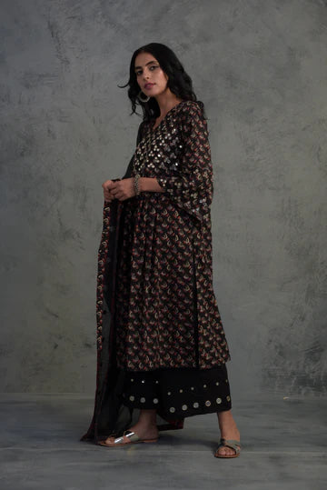 Block Print Mirror Kurta Set by Charkhee with Black, Chanderi, Cotton, Embellished, Ethnic Wear, Indian Wear, Kurta Palazzo Sets, Mirror Work, Natural, Relaxed Fit, Tyohaar by Charkhee, Womenswear at Kamakhyaa for sustainable fashion