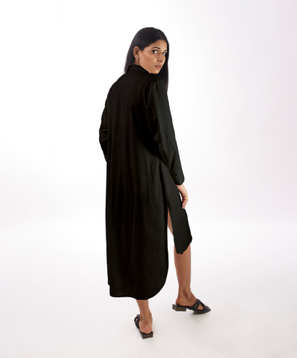 Black Shirt Dress High-Low by Kamakhyaa with 100% pure cotton, Black, Casual Wear, KKYSS, Natural, Relaxed Fit, Shirt Dresses, Solids, Summer Sutra, Womenswear at Kamakhyaa for sustainable fashion