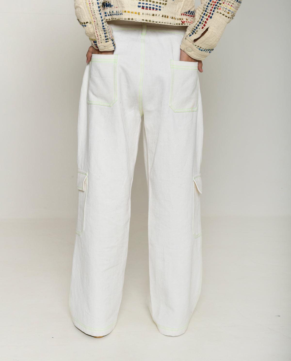 Handwoven White Cargo Pants by Rias Jaipur with 100% Cotton, Casual wear, Natural, Pants, RE 2.O, RE 2.O by Rias Jaipur, Regular, solids, Unisex, White, Womenswear at Kamakhyaa for sustainable fashion