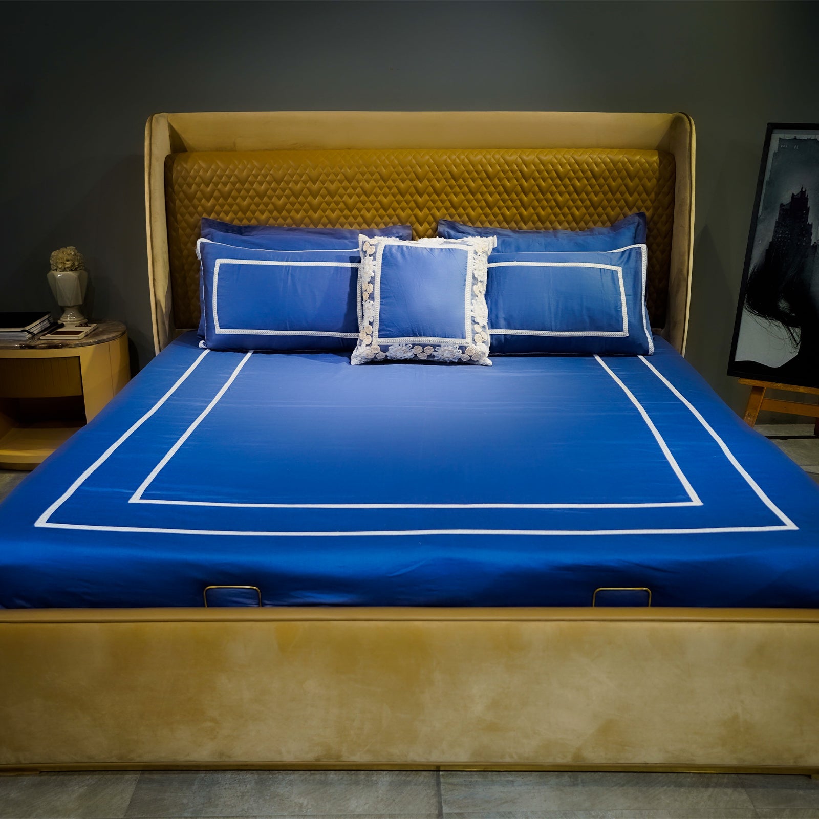 Majestic Sapphire Trimmed Bliss by Aetherea with 100% Cotton, 300 TC, 500 TC, Blue, Cushion, Designer Bedsheets, King, Lace, Queen, Royal Blue, Solid at Kamakhyaa for sustainable fashion