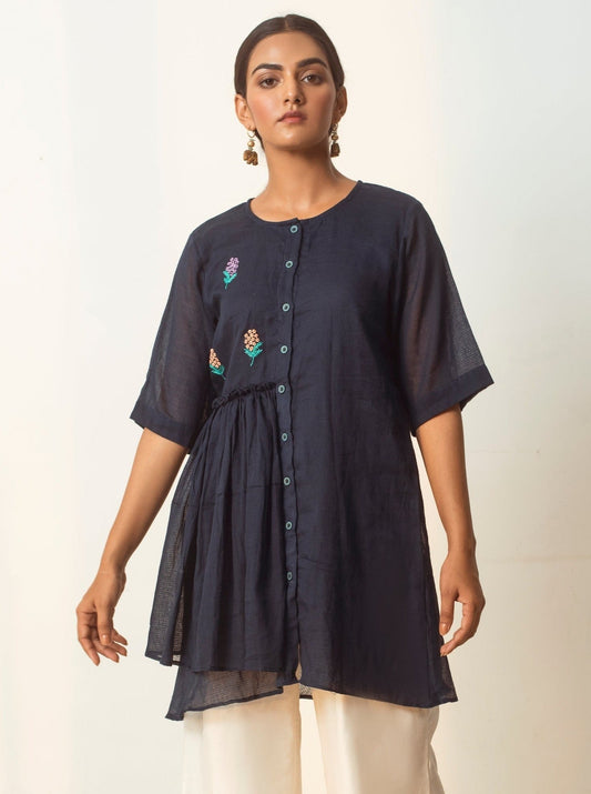 Blue Embroidered Tunic Top by The Loom Art with Blue, Capsule by The Loom Art, Cotton Kota Slub, Embroidered, July Sale, July Sale 2023, Natural, Party Wear, Regular Fit, Shirts, Tops, Womenswear at Kamakhyaa for sustainable fashion