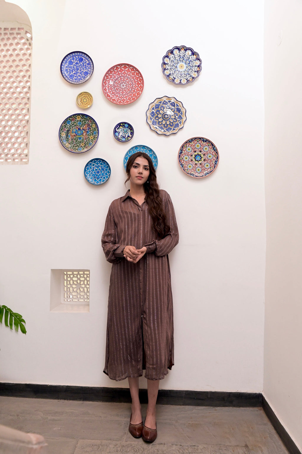 Brown Cotton Crepe Shirt Dress by Taro with Brown, Chaandi by Taro, Cotton, Cotton Lurex, Crepe, Natural, Regular Fit, Shirt Dresses, Silver, Solids, Womenswear at Kamakhyaa for sustainable fashion