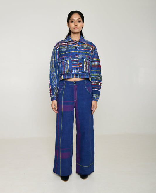 Recycled Blue Multi Colored Cropped Cotton Jacket by Rias Jaipur with 100% Cotton, Blue, Casual wear, Multicolor, Natural, Overlays, RE 2.O, RE 2.O by Rias Jaipur, Regular, Stripes, Unisex, Womenswear at Kamakhyaa for sustainable fashion