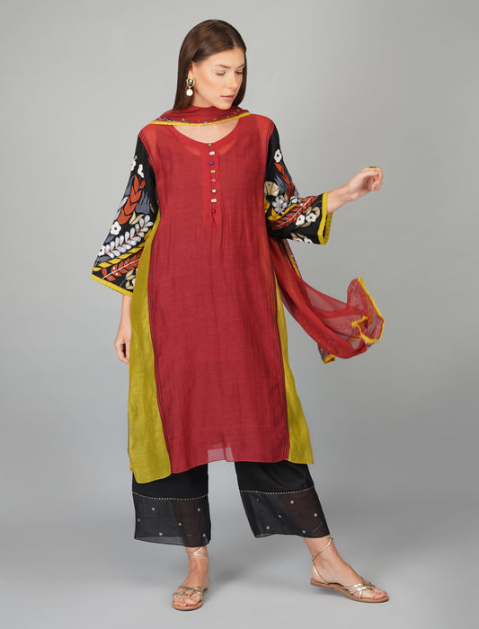 Red Panelled Chanderi Kurta Set by Devyani Mehrotra with Chanderi Silk, Cotton, Embroidered, Festive Wear, Georgette, Kurta Pant Sets, Kurta Set with Dupattas, Multicolor, Natural, Patchwork, Pre Spring 2023, Relaxed Fit, Womenswear at Kamakhyaa for sustainable fashion