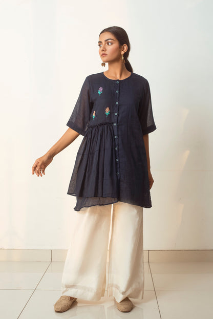 Blue Embroidered Tunic Top by The Loom Art with Blue, Capsule by The Loom Art, Cotton Kota Slub, Embroidered, July Sale, July Sale 2023, Natural, Party Wear, Regular Fit, Shirts, Tops, Womenswear at Kamakhyaa for sustainable fashion