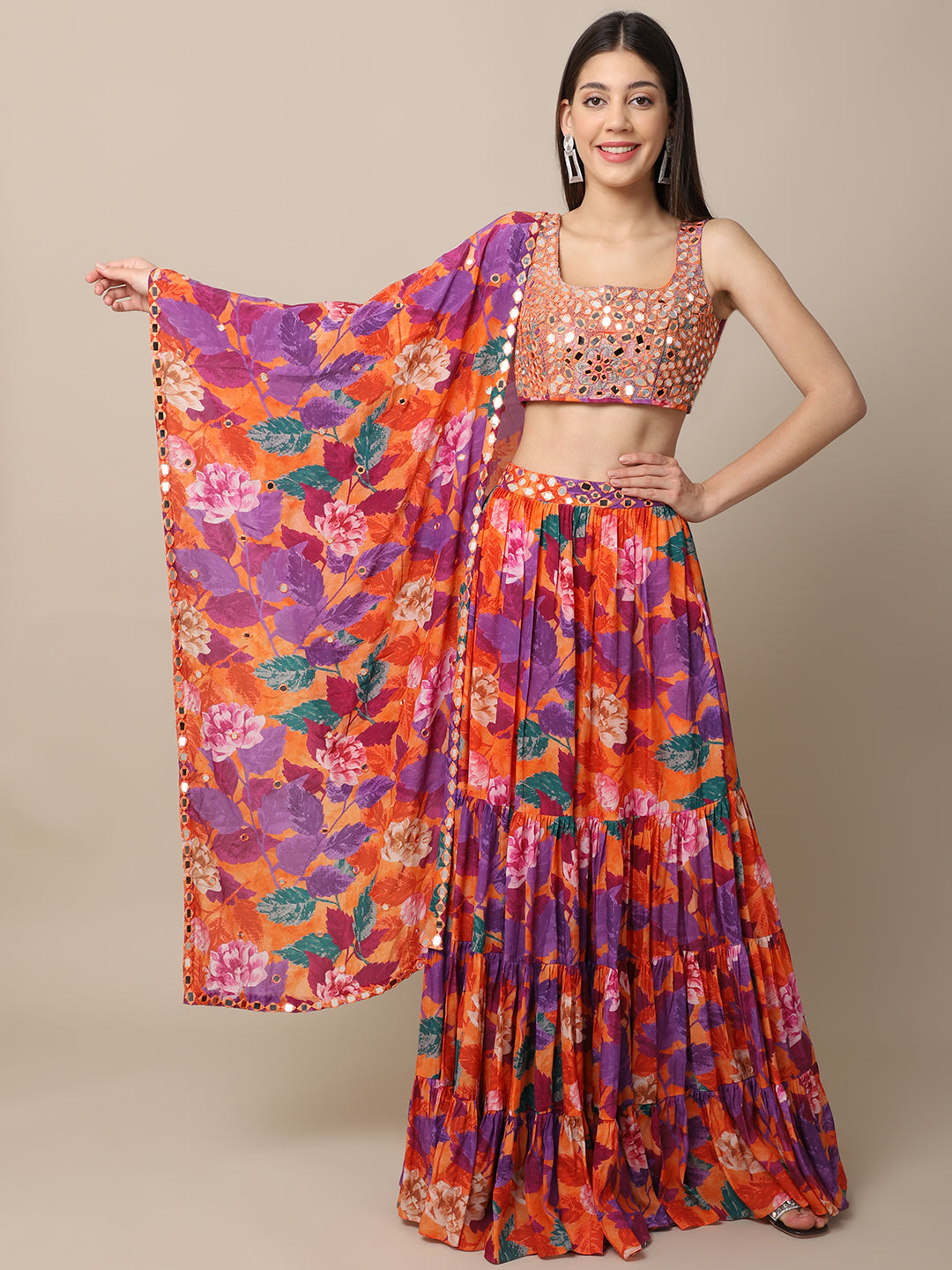 Crepe Orange Printed Lehenga Set by Ewoke with Bemberg, Best Selling, Crepe, Festive 23, Festive Wear, Lehengas Sets, Natural with azo free dyes, Orange, Prints, Regular Fit, Womenswear at Kamakhyaa for sustainable fashion