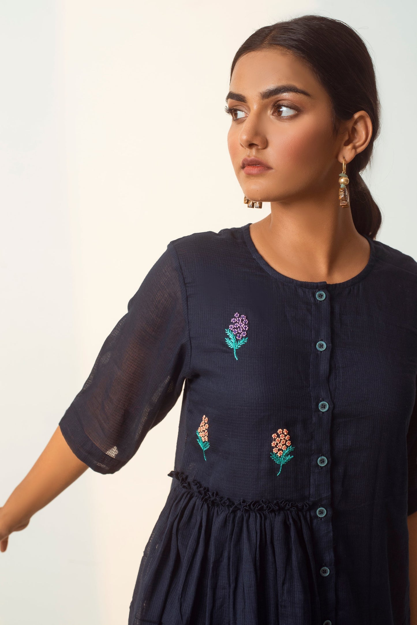 Blue Embroidered Tunic Top by The Loom Art with Blue, Capsule by The Loom Art, Cotton Kota Slub, Embroidered, July Sale, July Sale 2023, Natural, Party Wear, Regular Fit, Shirts, Tops, Womenswear at Kamakhyaa for sustainable fashion