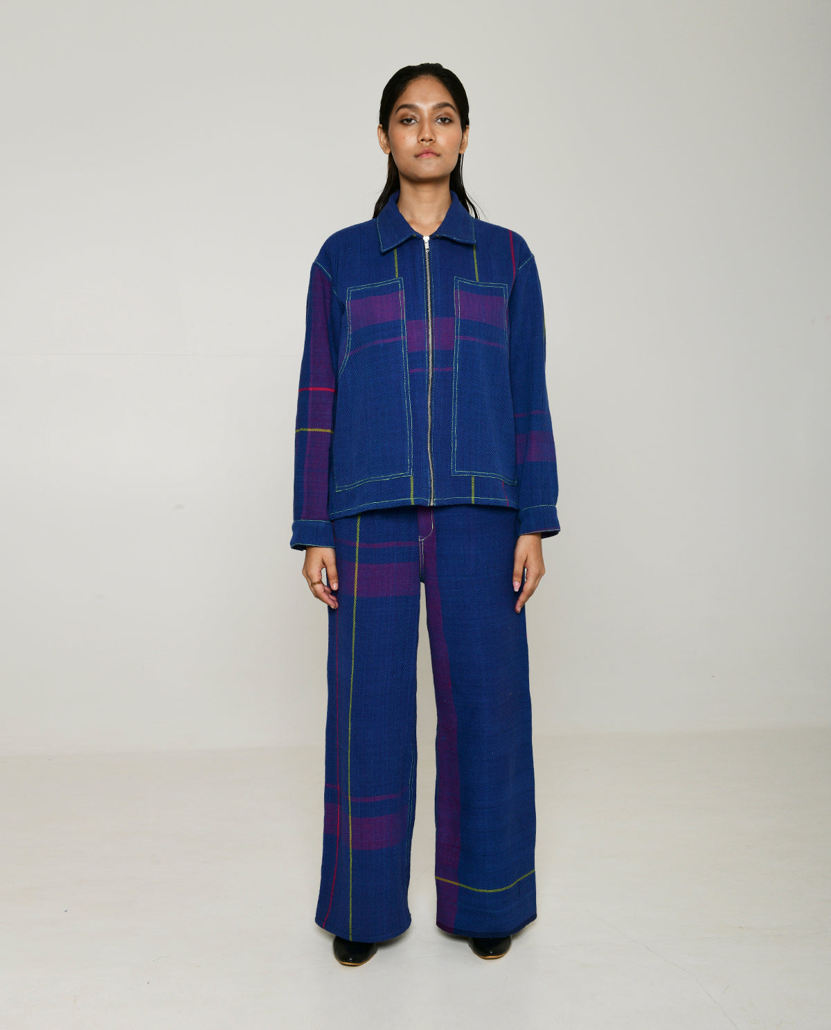 Handwoven Blue striped Cotton Shacket by Rias Jaipur with 100% Cotton, Blue, Casual wear, Multicolor, Natural, RE 2.O, RE 2.O by Rias Jaipur, Relaxed, Stripes, Tops, Unisex, Womenswear at Kamakhyaa for sustainable fashion