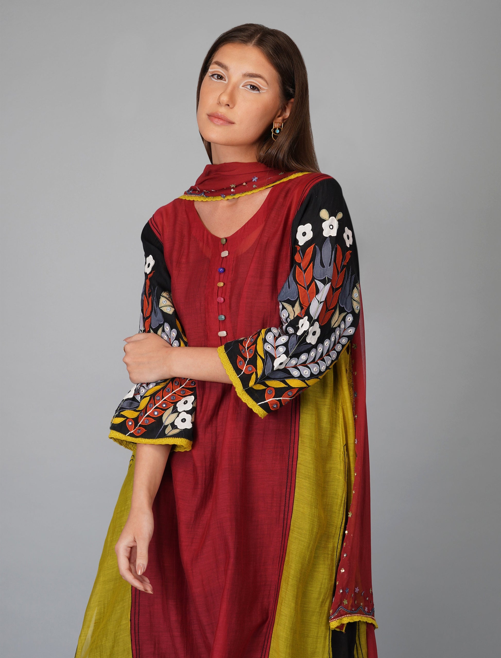 Red Panelled Chanderi Kurta Set by Devyani Mehrotra with Chanderi Silk, Cotton, Embroidered, Festive Wear, Georgette, Kurta Pant Sets, Kurta Set with Dupattas, Multicolor, Natural, Patchwork, Pre Spring 2023, Relaxed Fit, Womenswear at Kamakhyaa for sustainable fashion