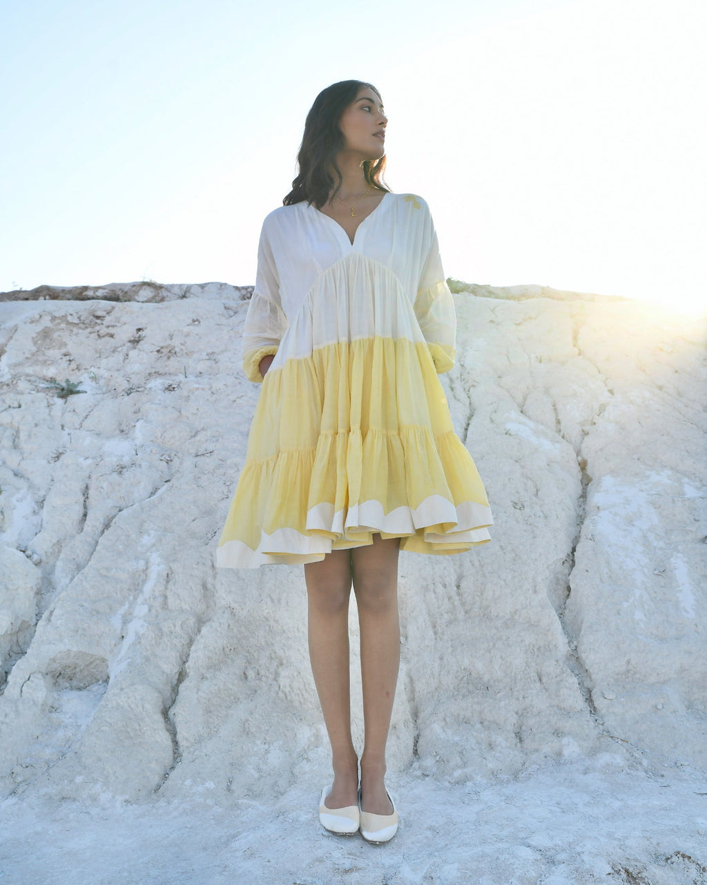 White Silk Mini Dress by The Loom Art with Aurora by The Loom Art, Casual Wear, Chanderi Silk, July Sale, July Sale 2023, Loose Fit, Mini Dresses, Ombre & Dyes, Organic, Tiered Dresses, White, Womenswear at Kamakhyaa for sustainable fashion