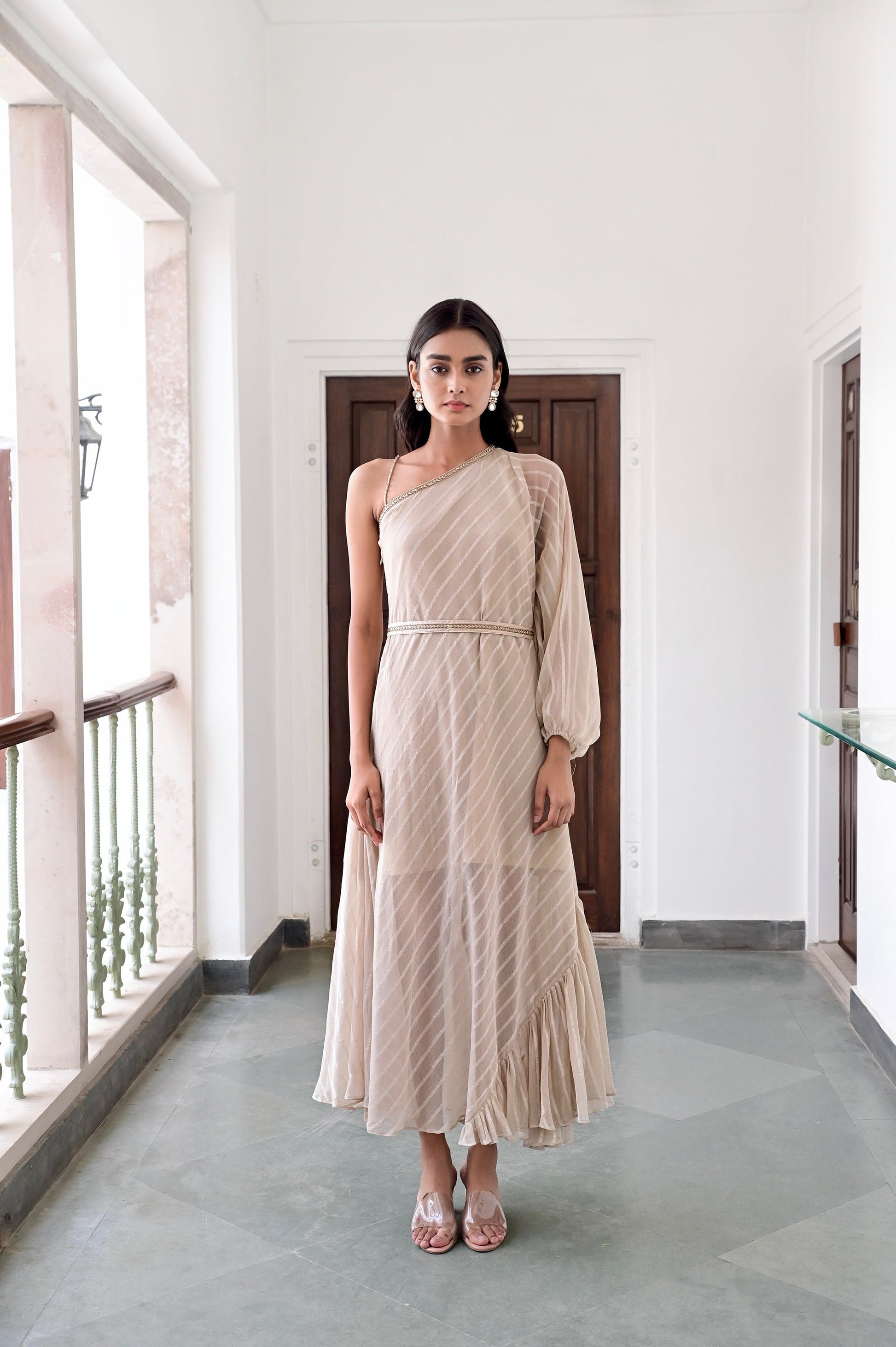 Beige One Shoulder Dress by Taro with Beige, Chaandi by Taro, Cotton, Cotton Lurex, Natural, One Shoulder Dresses, Regular Fit, Solids, Womenswear at Kamakhyaa for sustainable fashion