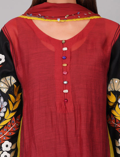 Red Panelled Chanderi Kurta Set by Devyani Mehrotra with Chanderi Silk, Cotton, Embroidered, Festive Wear, Georgette, Kurta Pant Sets, Kurta Set with Dupattas, Multicolor, Natural, Patchwork, Pre Spring 2023, Relaxed Fit, Womenswear at Kamakhyaa for sustainable fashion