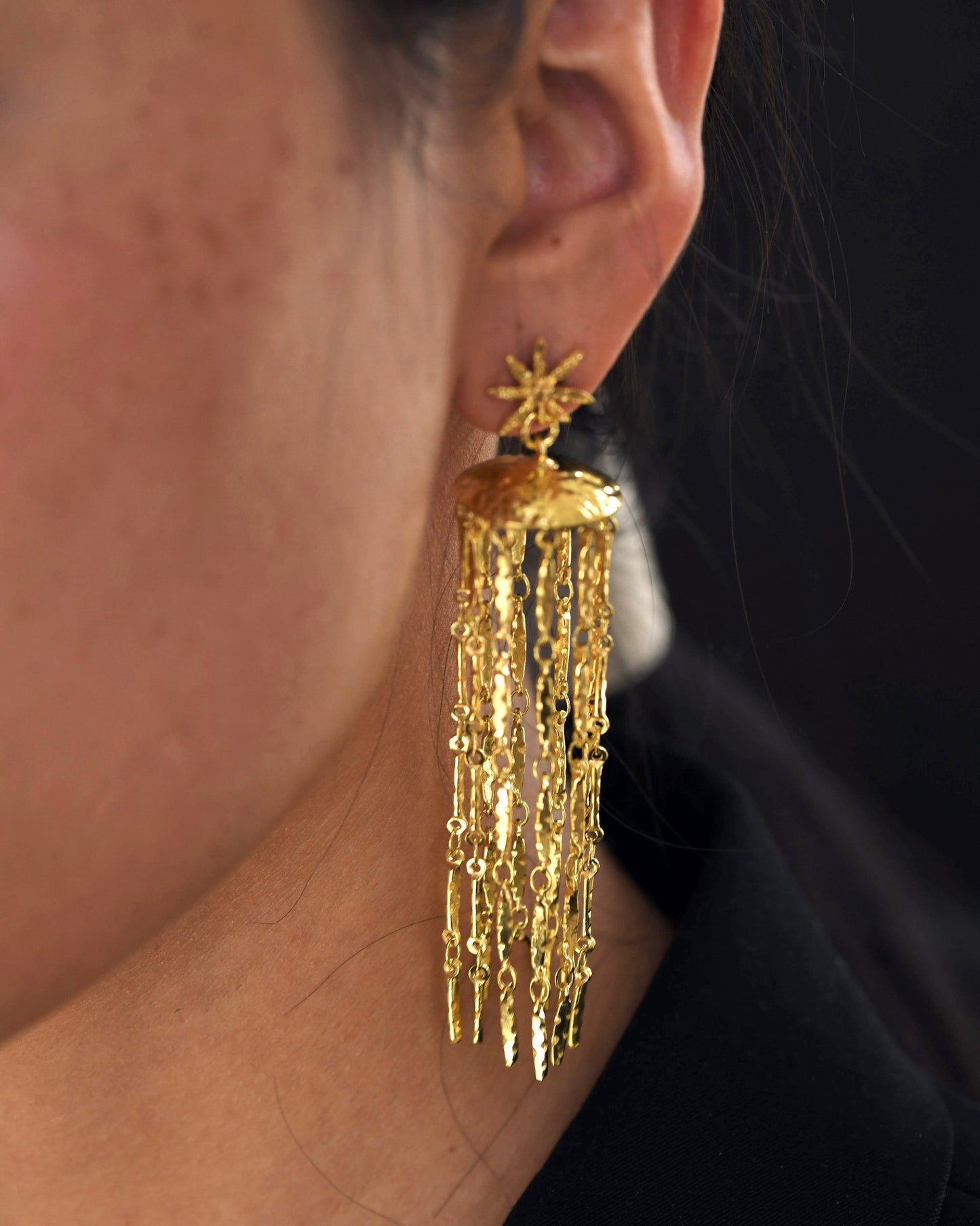 Gold Brass Starfall Earrings Brass, Cosmic Dream TLA, Free Size, Plated, Long Earrings, Natural, Statement Pieces Kamakhyaa