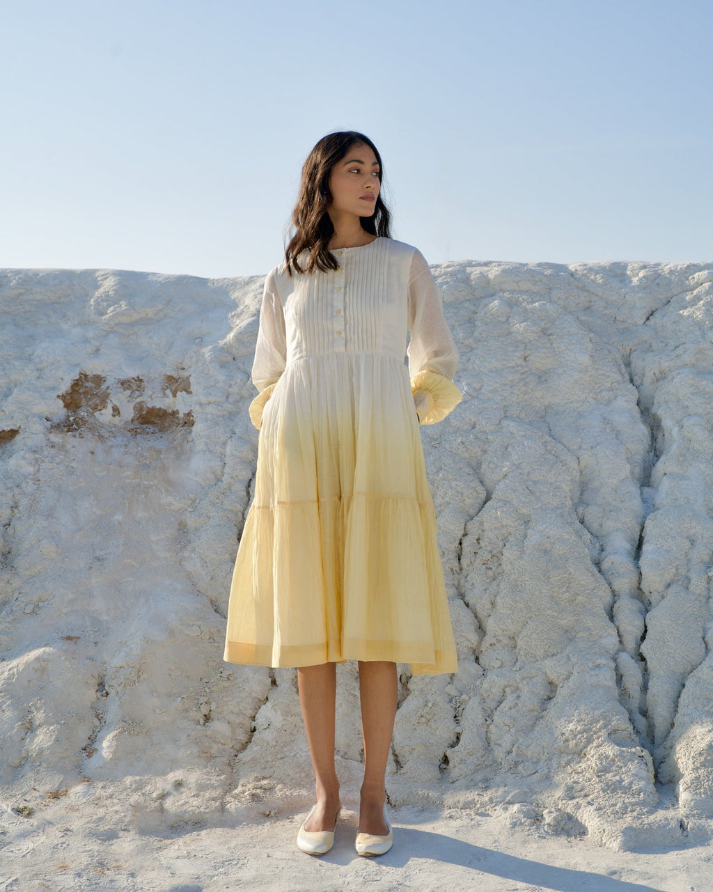 White Silk Midi Dress by The Loom Art with Aurora by The Loom Art, Best Selling, Casual Wear, Chanderi Silk, FB ADS JUNE, July Sale, July Sale 2023, Kurtas, Midi Dresses, Ombre & Dyes, Organic, Regular Fit, Tiered Dresses, White, Womenswear at Kamakhyaa for sustainable fashion