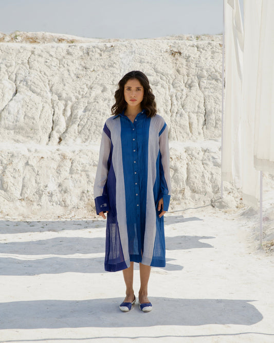 Blue Silk Shirt Dress by The Loom Art with Aurora by The Loom Art, Blue, Casual Wear, Chanderi Silk, July Sale, July Sale 2023, Loose Fit, Ombre & Dyes, Organic, Shirt Dresses, Womenswear at Kamakhyaa for sustainable fashion