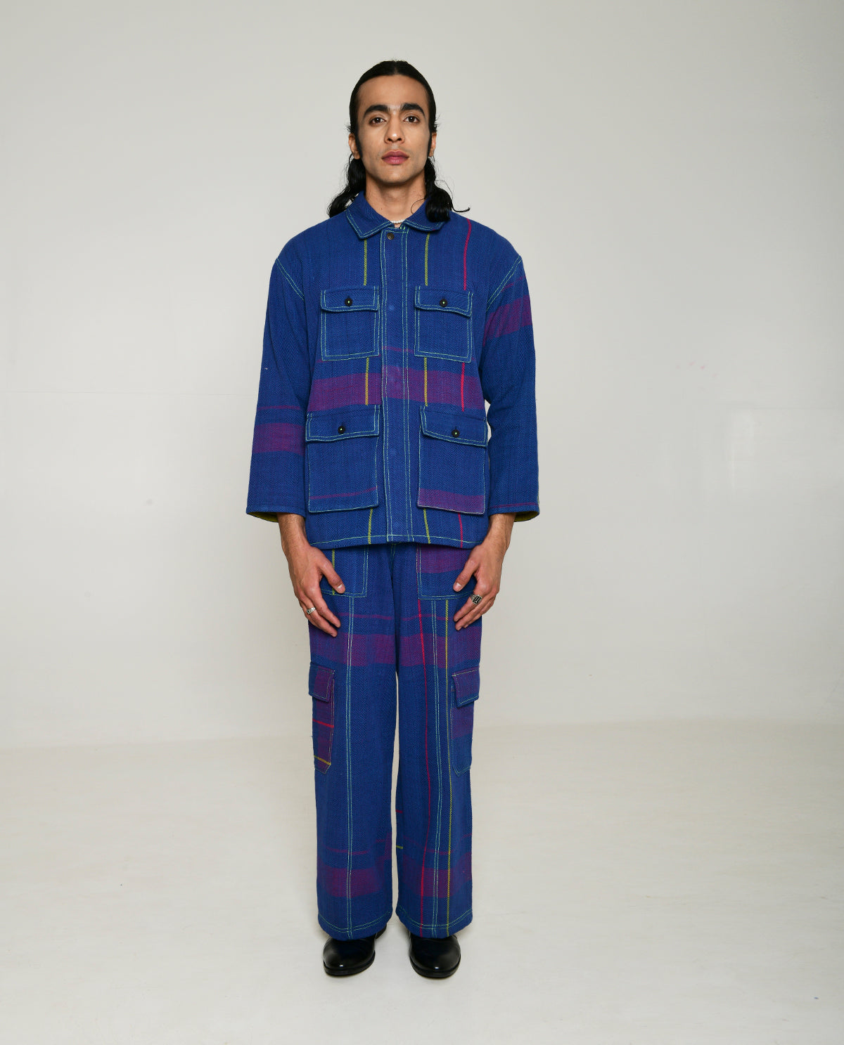 Handwoven Blue Multi Colored Cotton Shirt Jacket by Rias Jaipur with 100% Cotton, Blue, Casual wear, Multicolor, Natural, Overlays, RE 2.O, RE 2.O by Rias Jaipur, Relaxed, Stripes, Unisex, Womenswear at Kamakhyaa for sustainable fashion