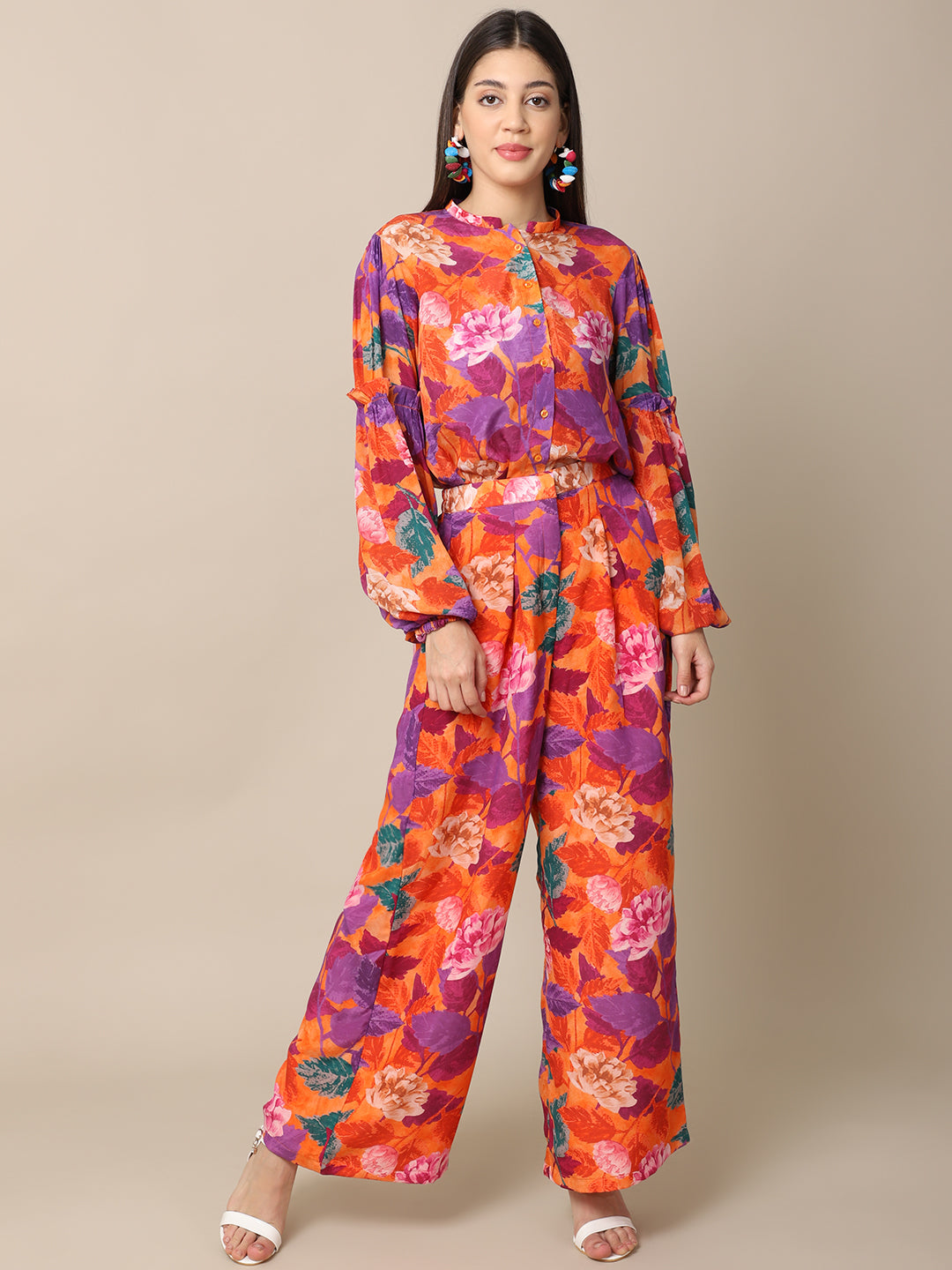 Crepe Orange Co-ord Set by Ewoke with Best Selling, Co-ord Sets, Crepe, Festive 23, Natural with azo free dyes, Orange, Prints, Regular Fit, Resort Wear, Travel Co-ords, Womenswear at Kamakhyaa for sustainable fashion