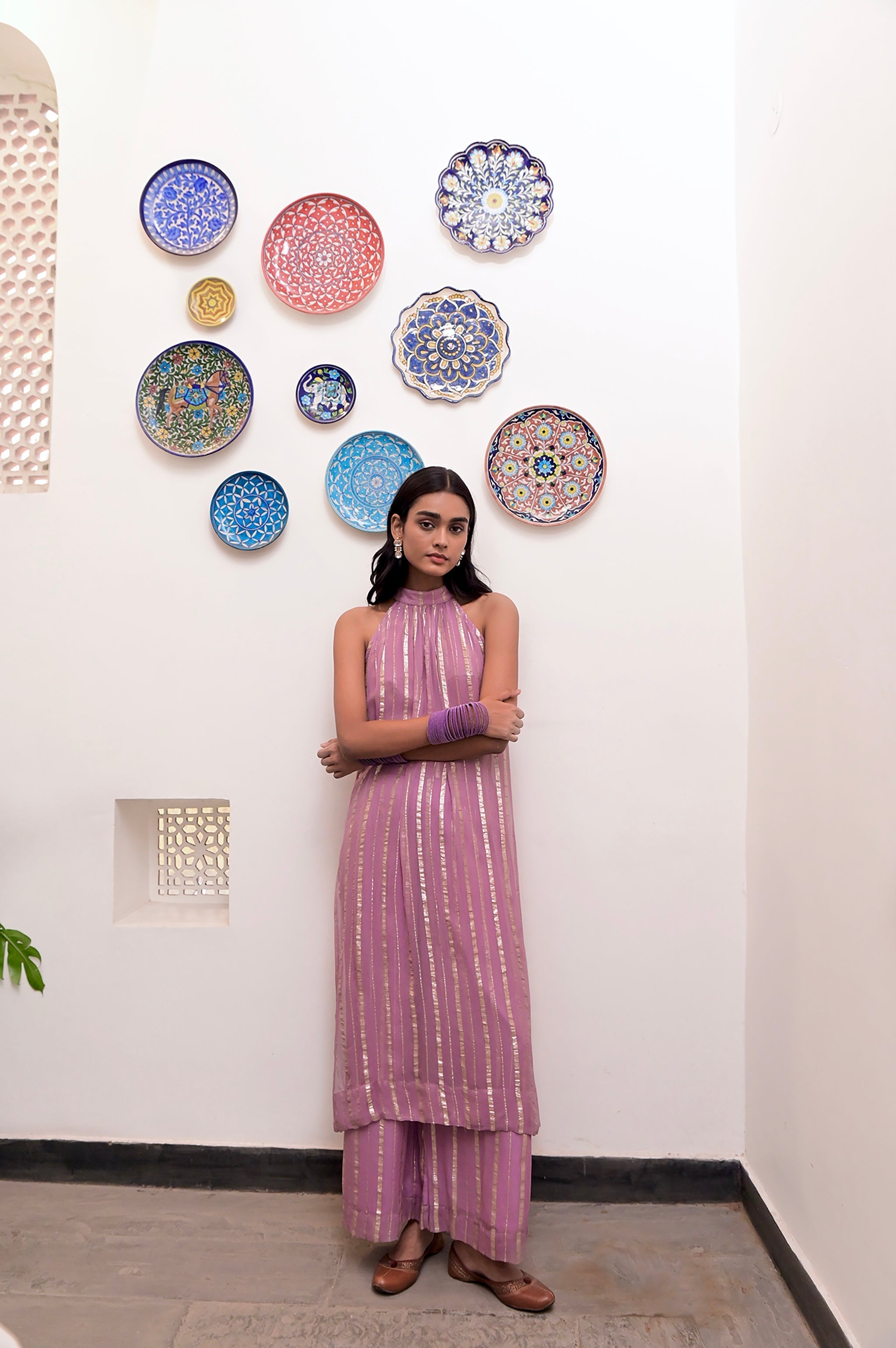 Pink Sleeveless Halter Co-ord Set by Taro with Chaandi by Taro, Co-ord Sets, Cotton, Cotton Lurex, Halter Neck Dresses, Natural, Partywear Co-ords, Pink, Regular Fit, Sleeveless, Solids, Womenswear at Kamakhyaa for sustainable fashion