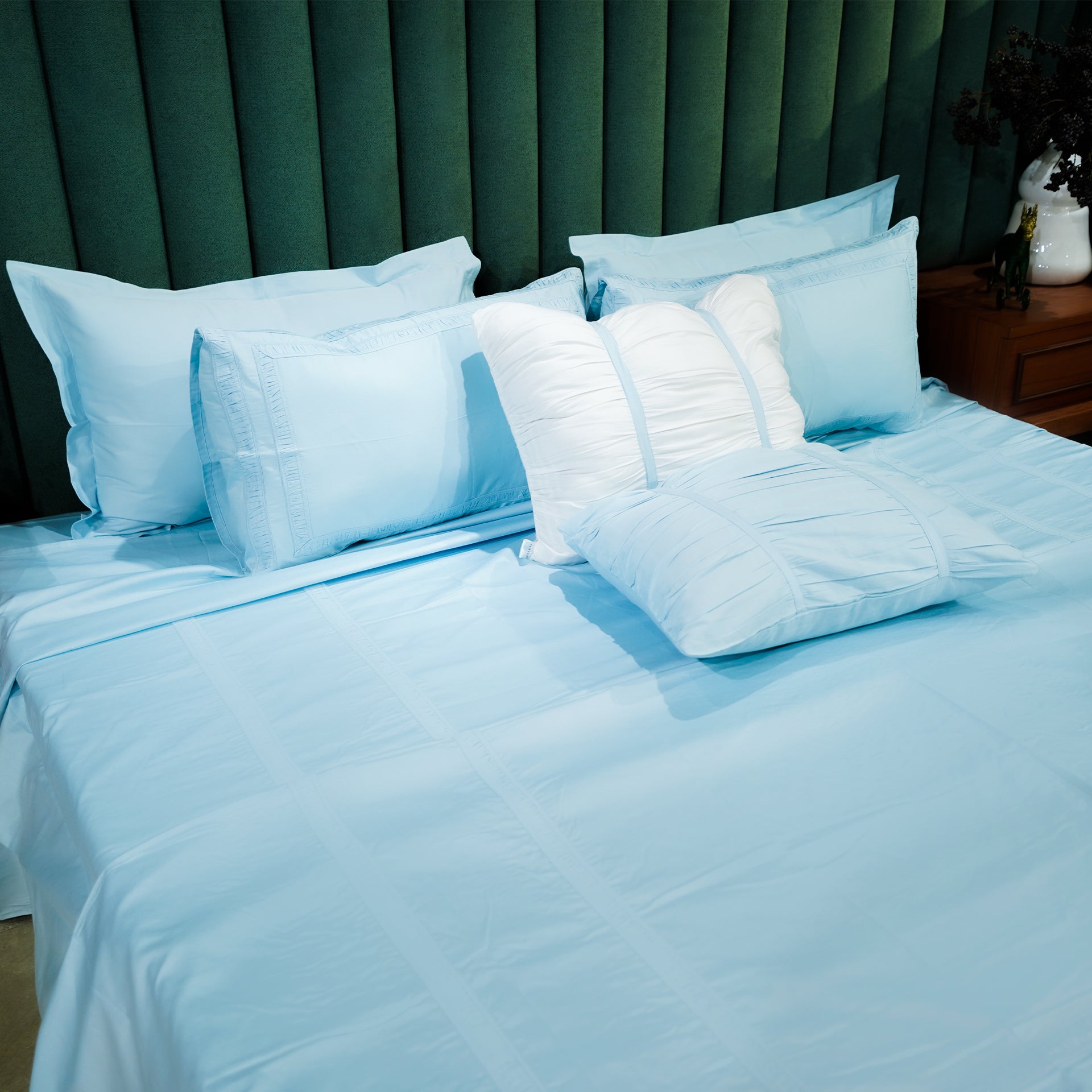 Azure Whisper Opulent Edge by Aetherea with Designer Bedsheets at Kamakhyaa for sustainable fashion