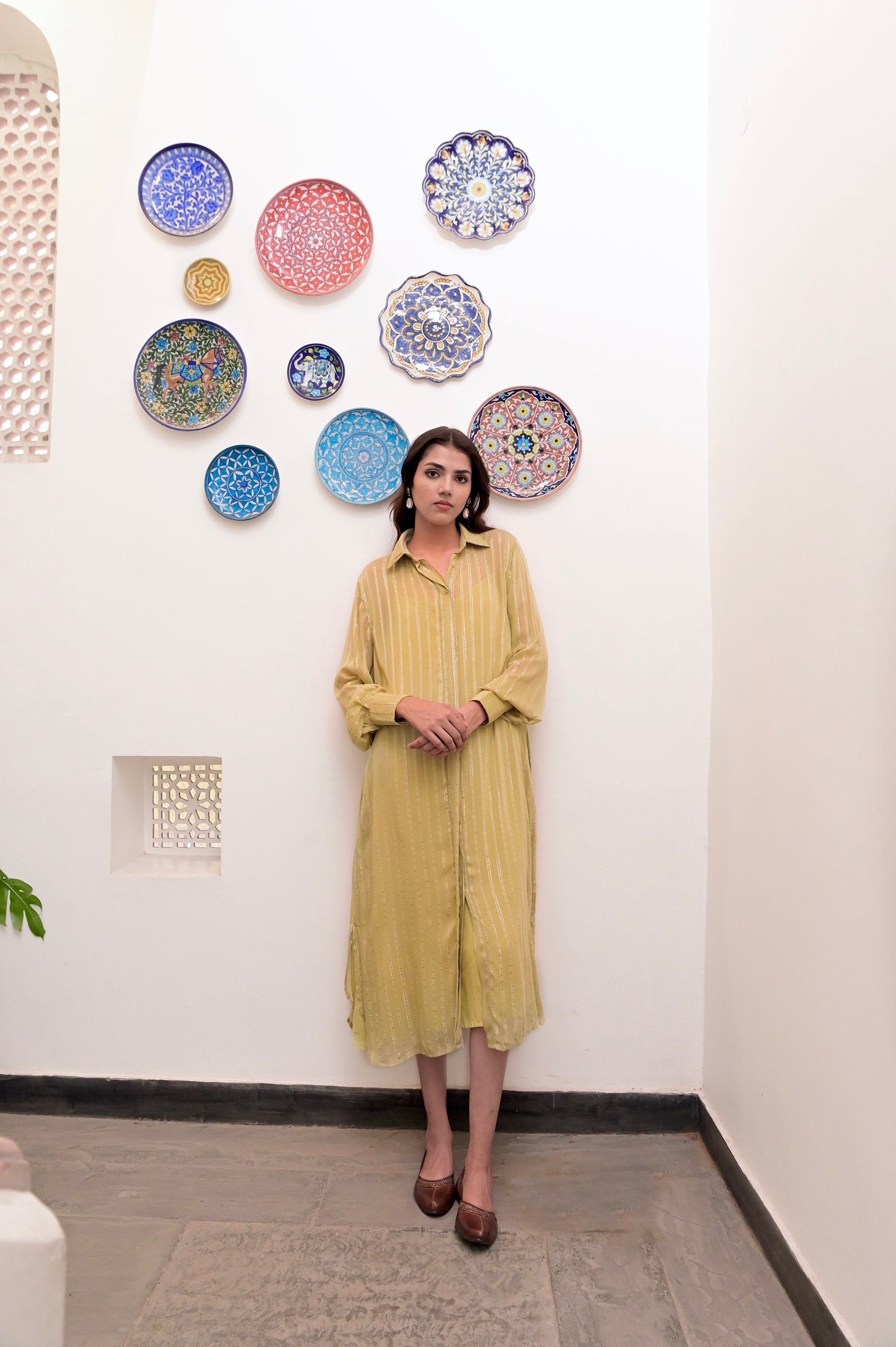 Yellow Cotton Crepe Shirt Dress by Taro with Chaandi by Taro, Cotton, Cotton Lurex, Natural, Regular Fit, Shirt Dresses, Silver, Solids, Womenswear, Yellow at Kamakhyaa for sustainable fashion