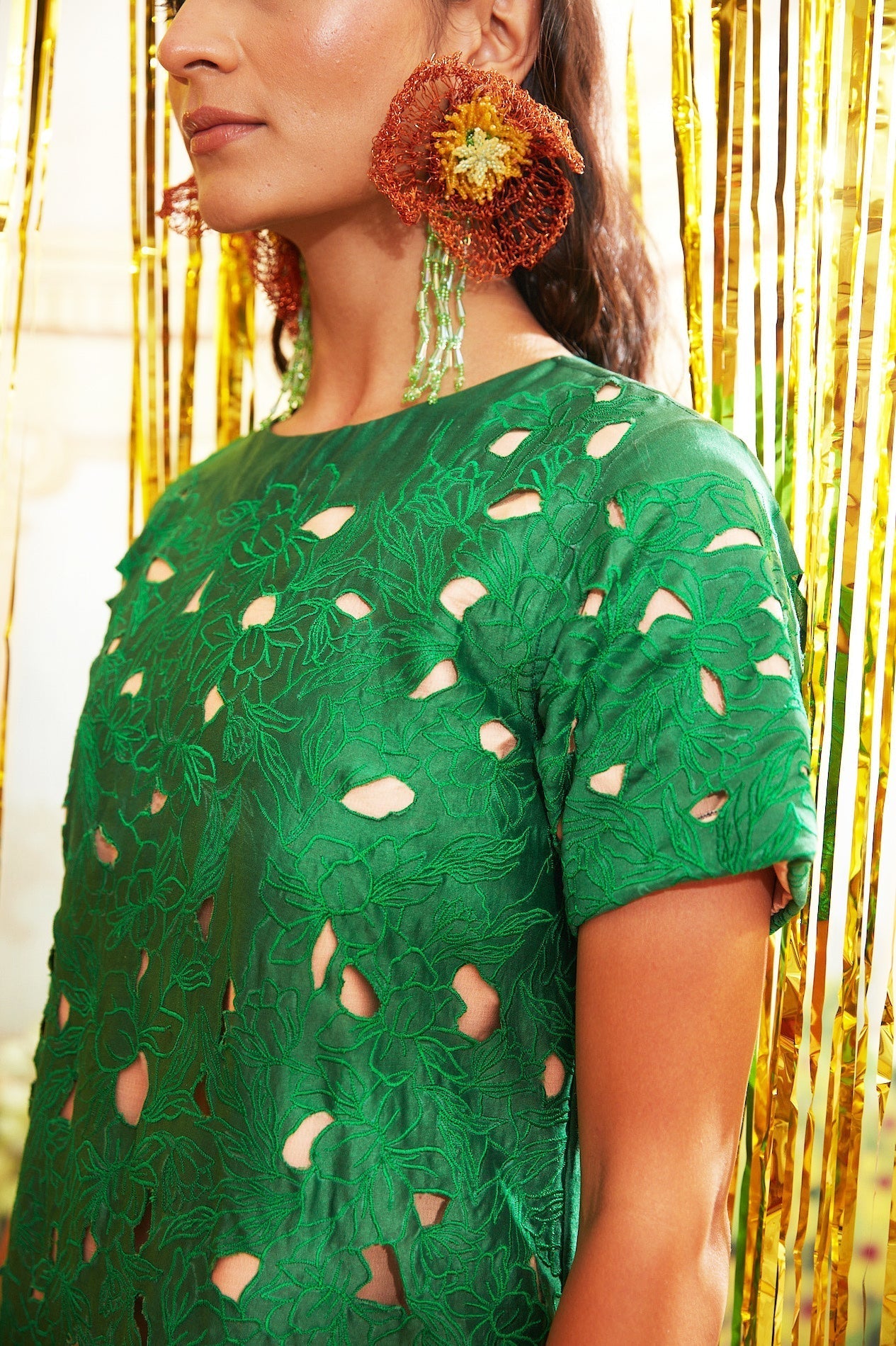 Green Chanderi Silk Cutwork Dress by Chambray & Co. with Chambray & Co, Chanderi Silk, Dress Sets, Dresses, Embroidered, Green, Moon Child, Natural, Party Wear, Regular Fit, Womenswear at Kamakhyaa for sustainable fashion