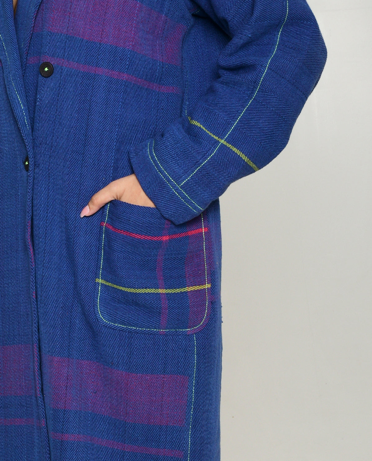 Handwoven Blue Striped Cotton Trench Coat by Rias Jaipur with 100% Cotton, Blue, Casual wear, Multicolor, Natural, Overlays, RE 2.O, RE 2.O by Rias Jaipur, Regular, Stripes, Unisex, Womenswear at Kamakhyaa for sustainable fashion