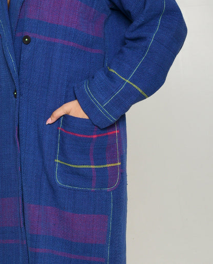 Handwoven Blue Striped Cotton Trench Coat by Rias Jaipur with 100% Cotton, Blue, Casual wear, Multicolor, Natural, Overlays, RE 2.O, RE 2.O by Rias Jaipur, Regular, Stripes, Unisex, Womenswear at Kamakhyaa for sustainable fashion