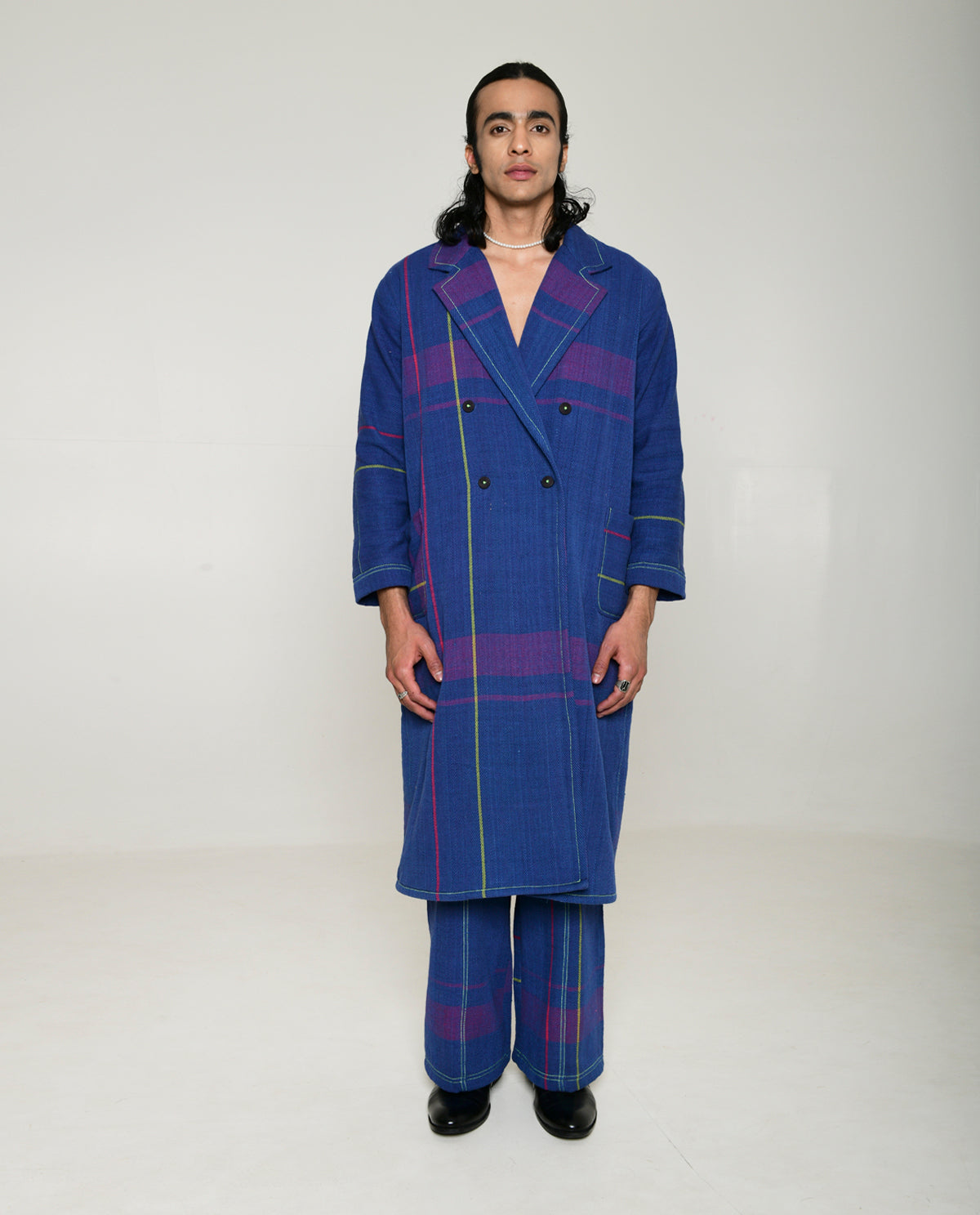 Recycled Blue Striped Cotton Trench Coat by Rias Jaipur with 100% Cotton, Blue, Casual wear, Multicolor, Natural, Overlays, RE 2.O, RE 2.O by Rias Jaipur, Regular, Stripes, Unisex, Womenswear at Kamakhyaa for sustainable fashion