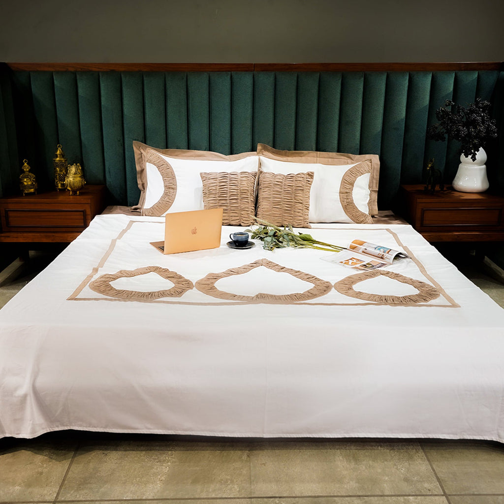 Mocha Bliss Teardrop Elegance by Aetherea with 100% Cotton, 300 TC, 500 TC, Brown, Coffee, Cushion, Designer Bedsheets, King, Queen, Royal Blue, Solid, Teardrop, White at Kamakhyaa for sustainable fashion