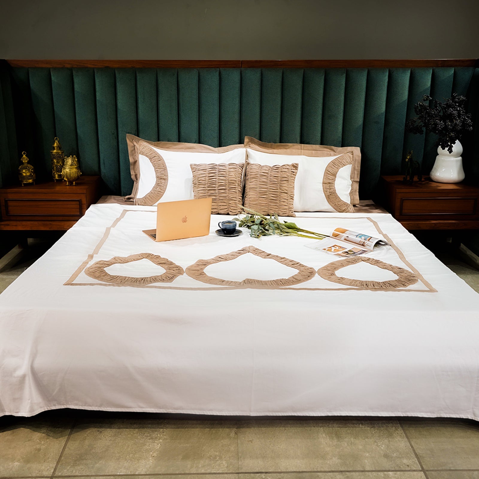 Mocha Bliss Teardrop Elegance by Aetherea with 100% Cotton, 300 TC, 500 TC, Brown, Coffee, Cushion, Designer Bedsheets, King, Queen, Royal Blue, Solid, Teardrop, White at Kamakhyaa for sustainable fashion