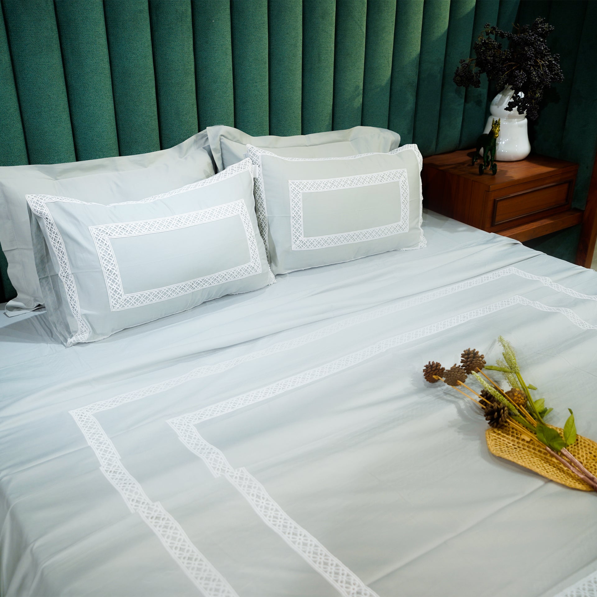 Silver Mist Cotton Bloom by Aetherea with 100% Cotton, 300 TC, 500 TC, Cushion, Designer Bedsheets, King, Lace, Light Grey, Queen at Kamakhyaa for sustainable fashion