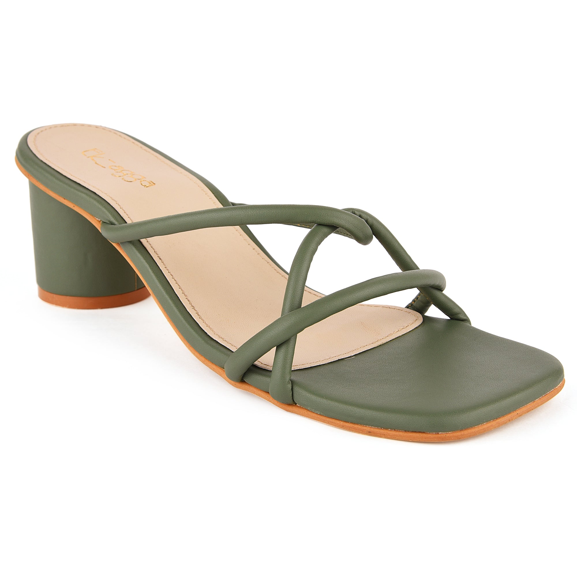 Green Stap Heels by EK_agga with Block Heels, Green, Heels, Less than $50, Party Wear, Patent leather, Solids, Square toe, Vegan at Kamakhyaa for sustainable fashion