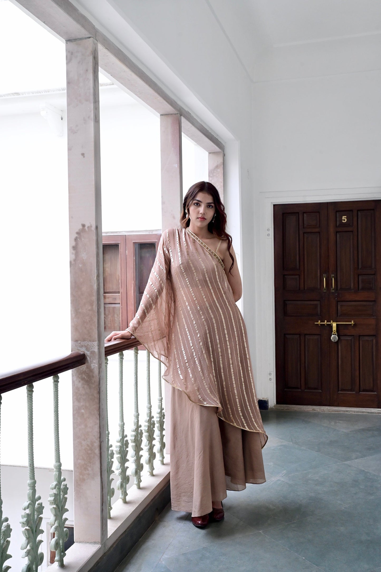 Beige One Shoulder Co-ord Set by Taro with Beige, Chaandi by Taro, Co-ord Sets, Cotton, Cotton Lurex, Natural, One Shoulder, Partywear Co-ords, Regular Fit, Solids, Womenswear at Kamakhyaa for sustainable fashion
