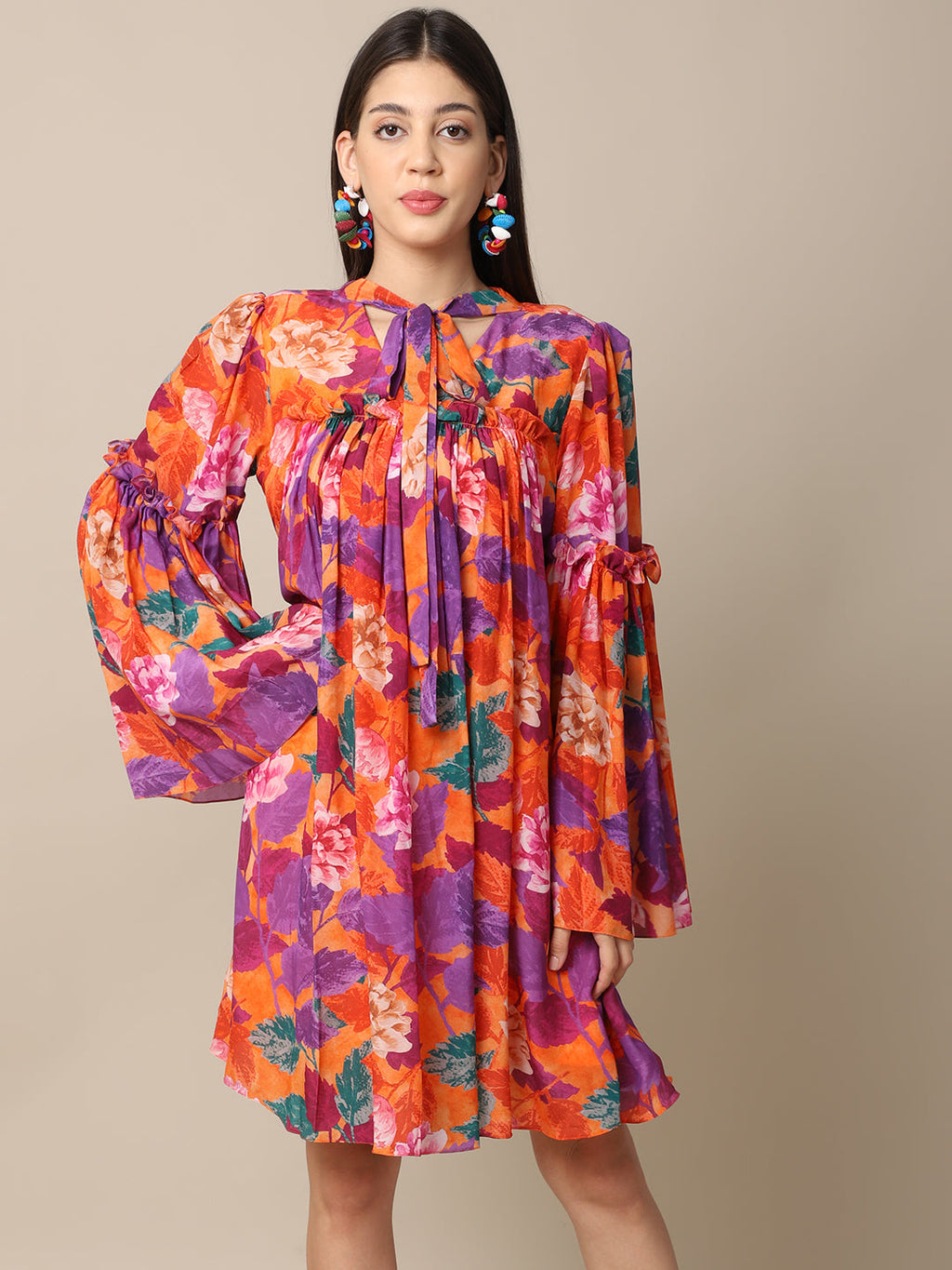 Crepe Orange Printed Flare Dress by Ewoke with Casual Wear, Crepe, Festive 23, For Her, Mini Dresses, Natural with azo free dyes, Orange, Prints, Relaxed Fit, Womenswear at Kamakhyaa for sustainable fashion