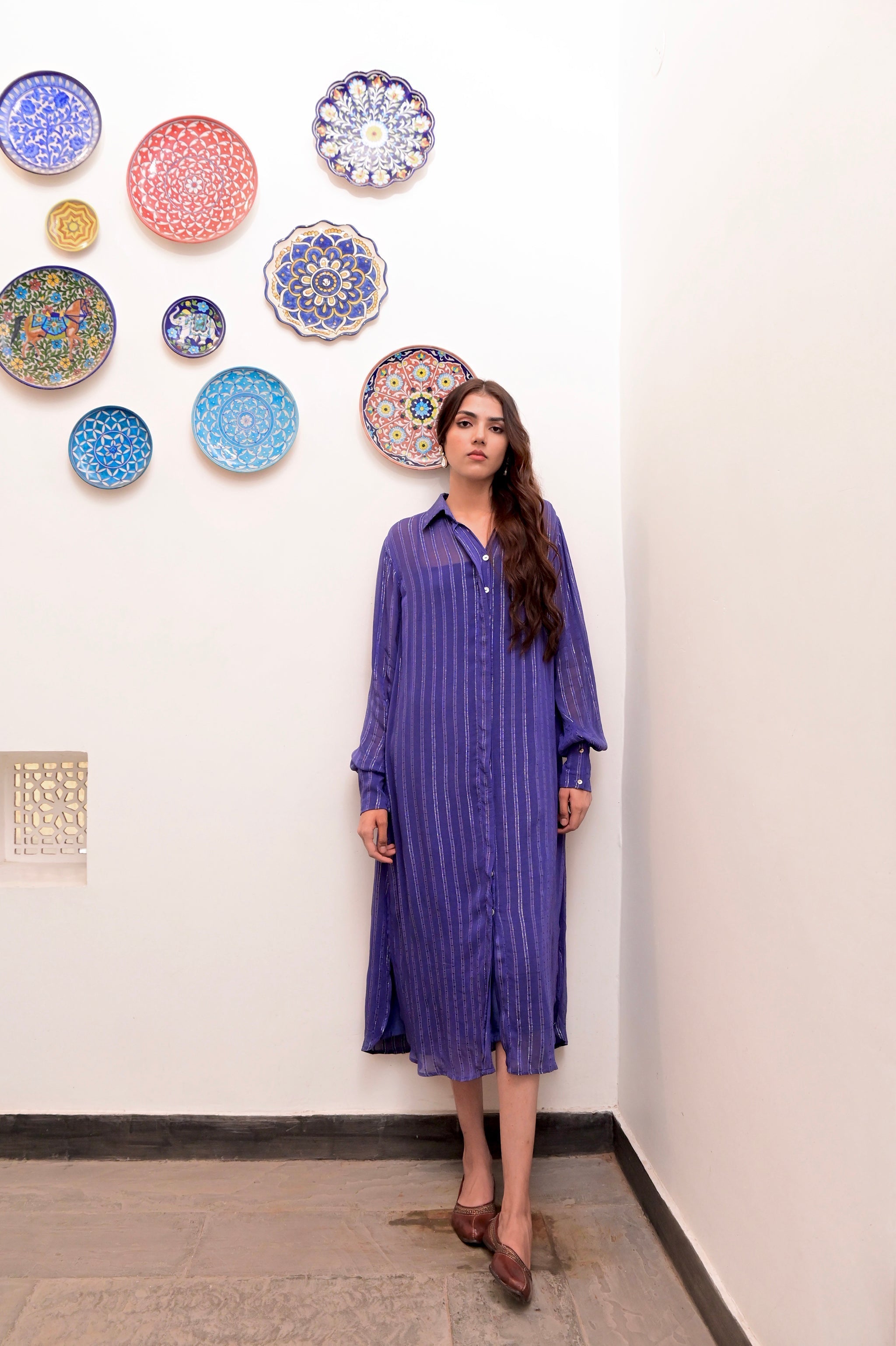 Blue Cotton Crepe Shirt Dress by Taro with Blue, Chaandi by Taro, Cotton, Cotton Lurex, Crepe, Halter Neck Tops, Natural, Regular Fit, Shirt Dresses, Silver, Solids, Womenswear at Kamakhyaa for sustainable fashion