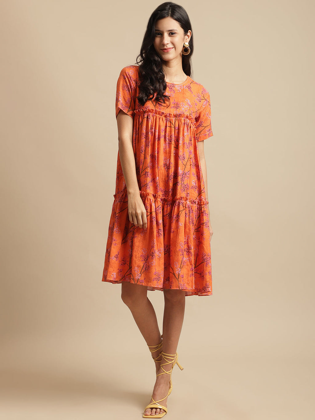 Certified Hemp Orange A Line Dress by Ewoke with Casual Wear, Festive 23, For Her, Hemp, Mini Dresses, Natural with azo free dyes, Orange, Prints, Relaxed Fit, Tiered Dresses, Womenswear at Kamakhyaa for sustainable fashion