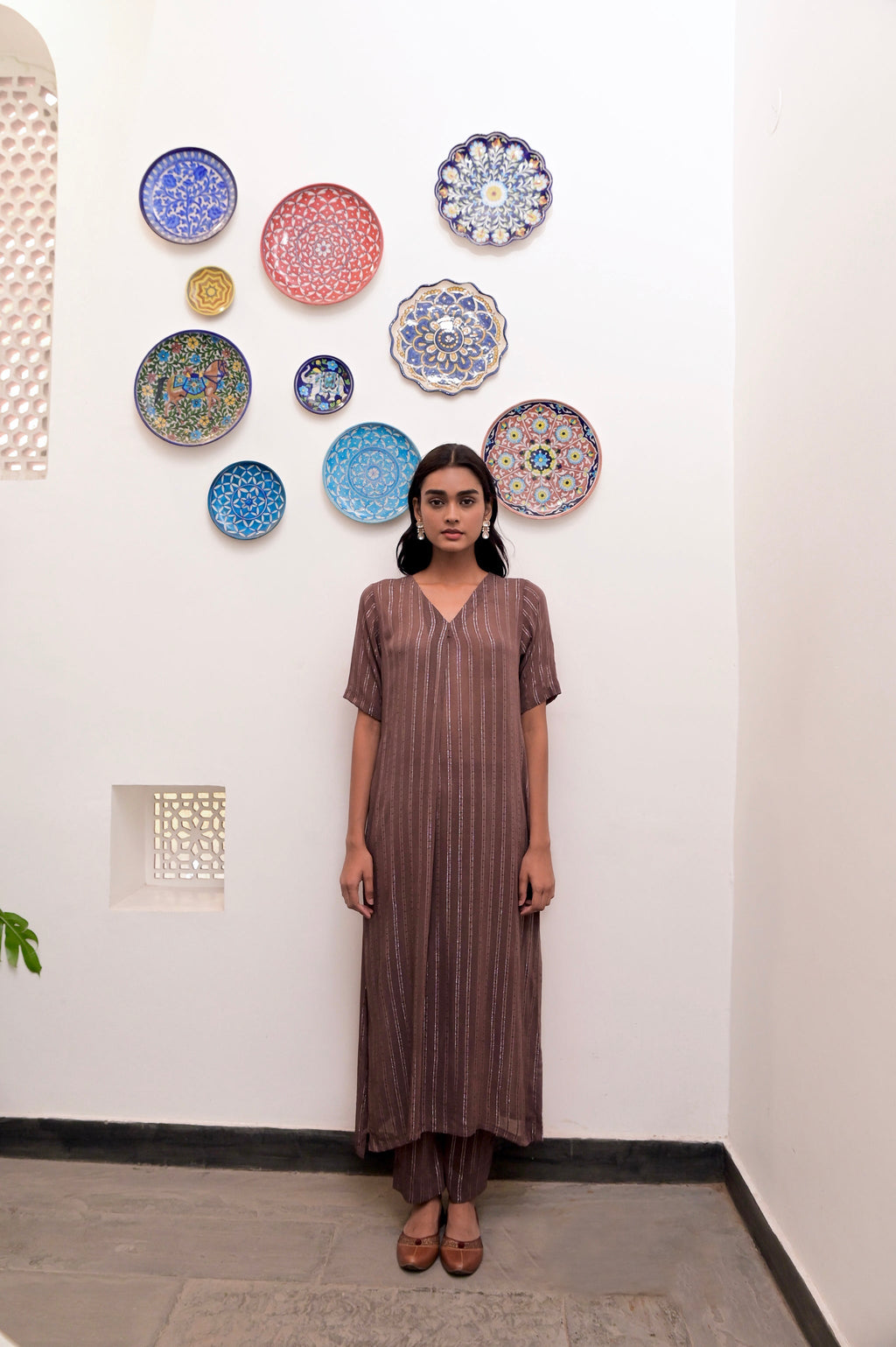 Brown Cotton Crepe V neck Co-ord Set by Taro with Brown, Chaandi by Taro, Co-ord Sets, Cotton, Cotton Lurex, Crepe, Natural, Regular Fit, Silver, Solids, Womenswear at Kamakhyaa for sustainable fashion