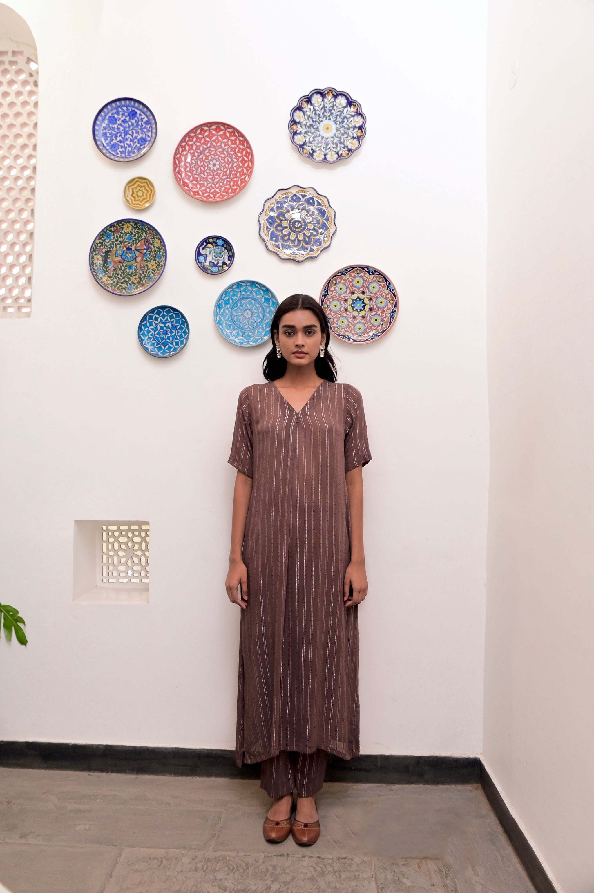 Brown Cotton Crepe V neck Co-ord Set by Taro with Brown, Chaandi by Taro, Co-ord Sets, Cotton, Cotton Lurex, Crepe, Natural, Regular Fit, Silver, Solids, Womenswear at Kamakhyaa for sustainable fashion