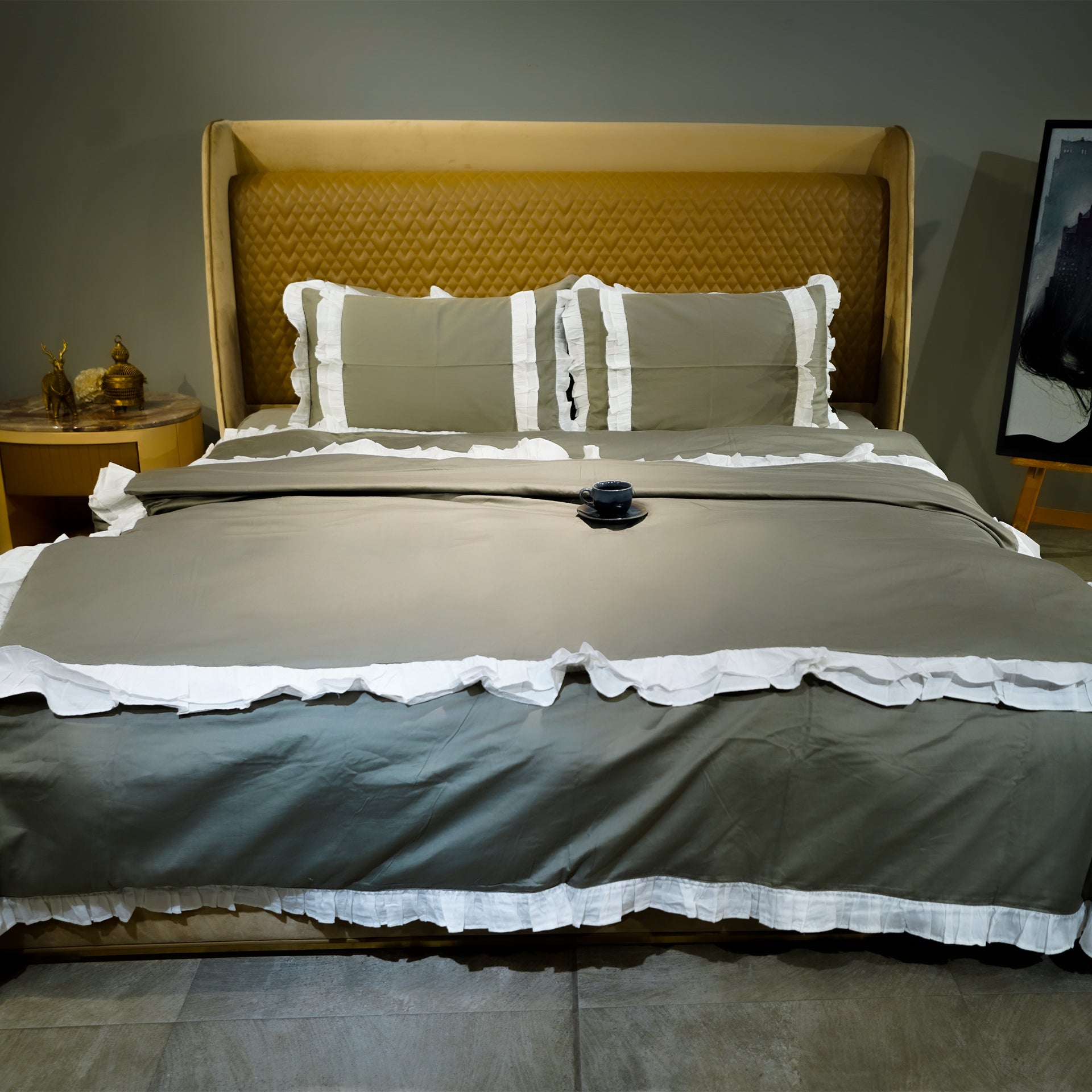 Frill Elegance Duvet Cover by Aetherea with 100% Cotton, 300 TC, 500 TC, Duvet Covers, Frills, Home, Plain, Sage Green, Solid, White at Kamakhyaa for sustainable fashion