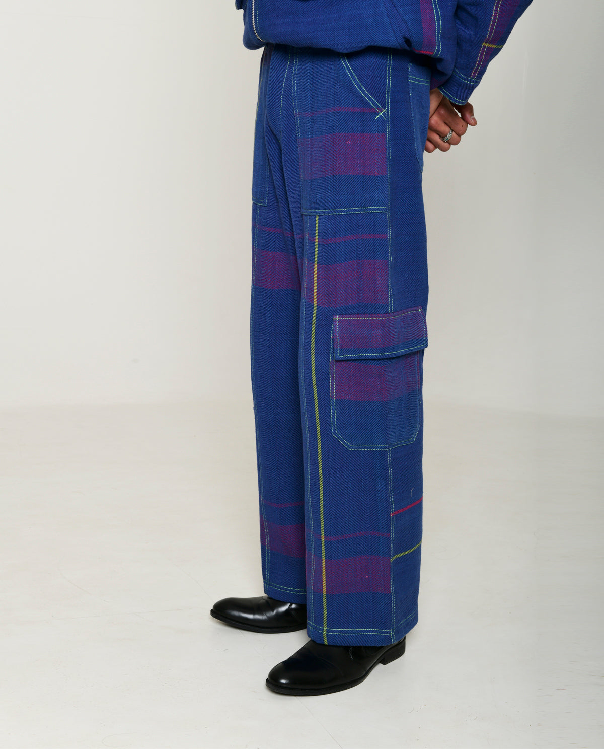 Recycled Blue Multi Colored Cargo Pants by Rias Jaipur with 100% Cotton, Blue, Bottoms, Casual wear, Multicolor, Natural, Pants, RE 2.O, RE 2.O by Rias Jaipur, Regular, Stripes, Unisex, Womenswear at Kamakhyaa for sustainable fashion