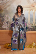 Silver Silk Applique Jacket Dress With Pants Co-ords by Chambray & Co. with Chambray & Co, Complete Sets, Embroidered, jeans, Natural, Party Wear, PartyWear Co-ords, Regular Fit, Silk, Silver, Taabir, Womenswear at Kamakhyaa for sustainable fashion