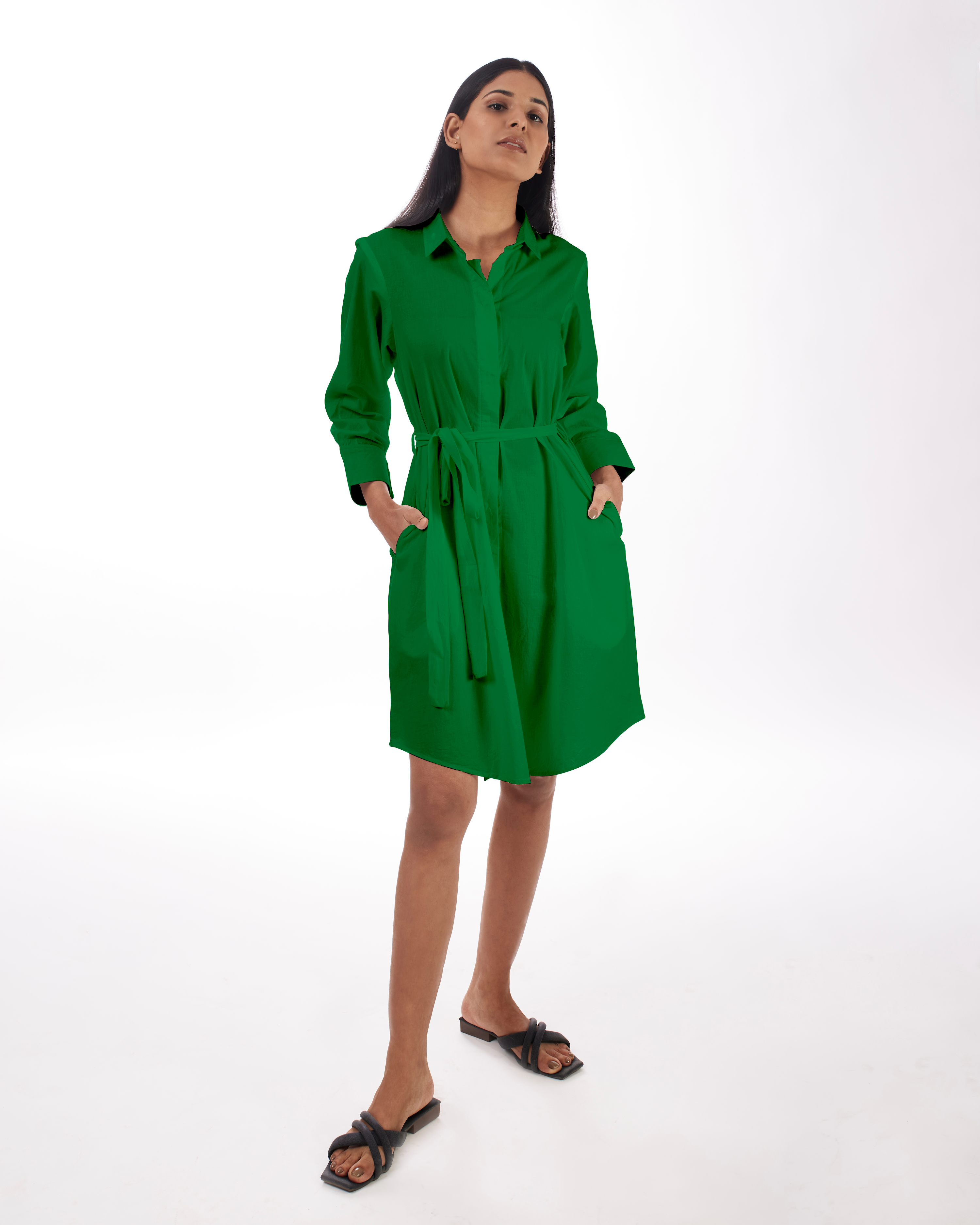 Green Shirt Dress Mini Full Sleeves by Kamakhyaa with Casual Wear, Green, KKYSS, Natural, Relaxed Fit, Shirt Dresses, Solids, Summer Sutra, Womenswear at Kamakhyaa for sustainable fashion