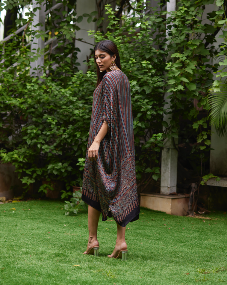 Black Striped Silk Kaftan by Mayura Kumar with Ajrakh Heritage, Black, Casual Wear, Dresses, Festive Wear, Kaftans, Mayura Kumar, Modal Silk, Prints, Relaxed Fit, Silk, Womenswear at Kamakhyaa for sustainable fashion